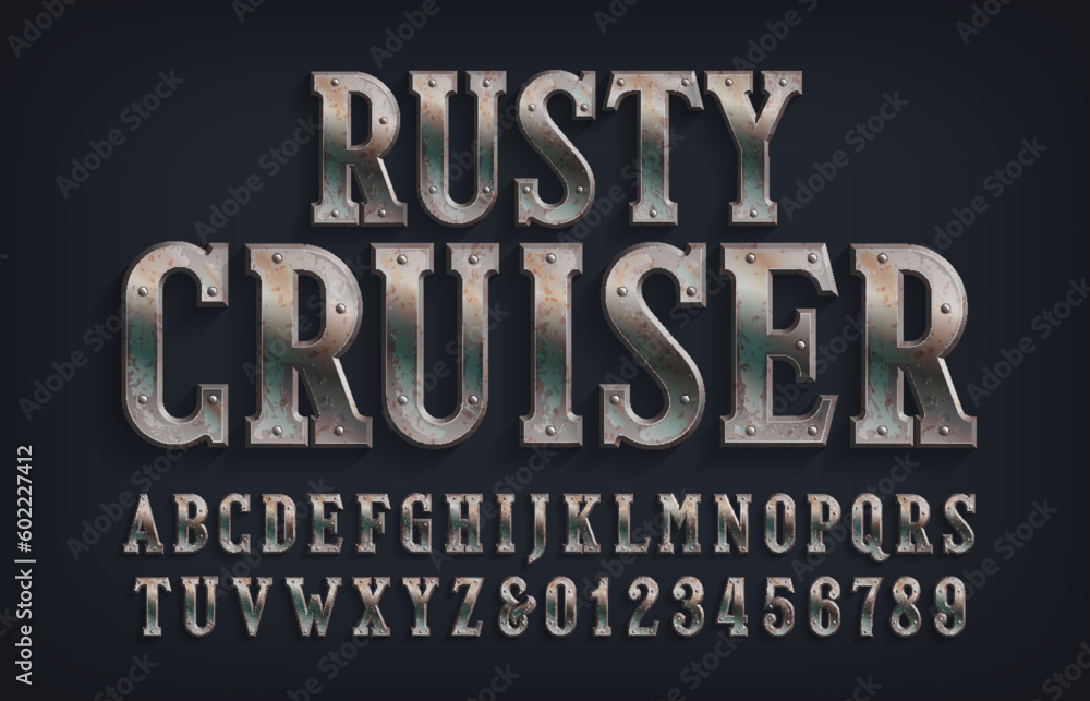 Fototapete rusty cruiser alphabet font. distressed metal letters and numbers with rivets. stock vector typescri