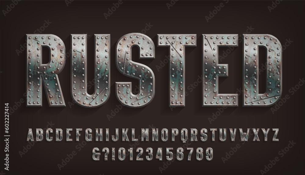 Fototapete rusted alphabet font. damaged metal letters and numbers with rivets. stock vector typescript for you