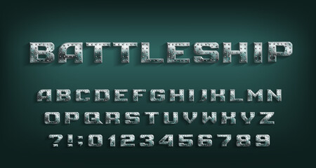 Battleship alphabet font. Distressed metal letters and numbers. Stock vector typescript for your design.