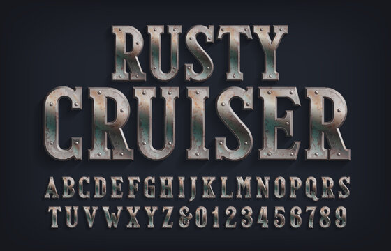 Rusty Cruiser alphabet font. Distressed metal letters and numbers with rivets. Stock vector typescript for your design.