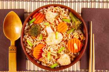 Asian vegetarian food udon noodles with vegetables