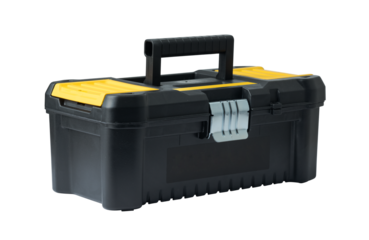 Black plastic tool box with lid closed isolated on white background
