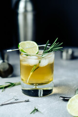 Alcohol cocktail with lime slice rosemary ice and cocktail shaker on black background. Party time