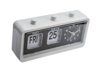 Retro electronic alarm clock and analog flip calendar. Retro design from 60s 70s on white background