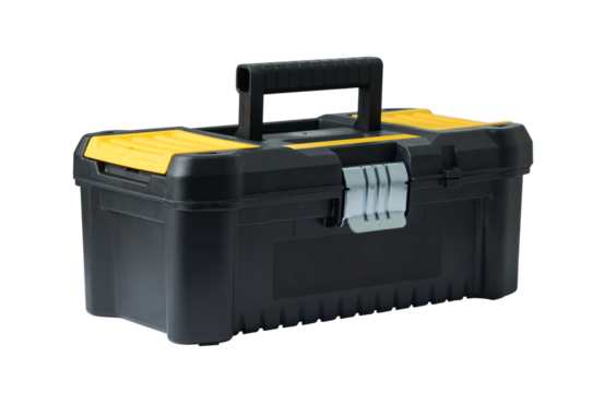 Black plastic tool box with lid closed isolated on white background