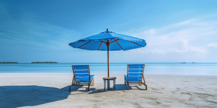 Blue umbrella with beach chairs on tropical beach blue sky background. Generative AI