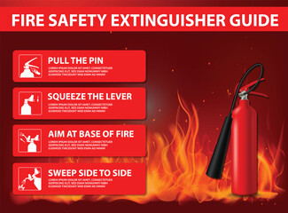 Fire Safety Extinguisher Guides, Use safety. Firefighter manual for protection equipment. Emergency security. Firefighting instruction information. Extinguish guide text.