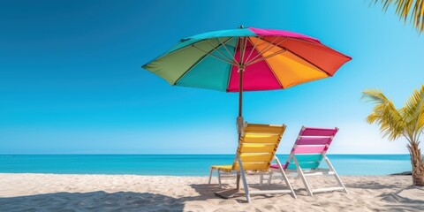 Colorful umbrella with beach chairs on tropical beach blue sky background. Generative AI