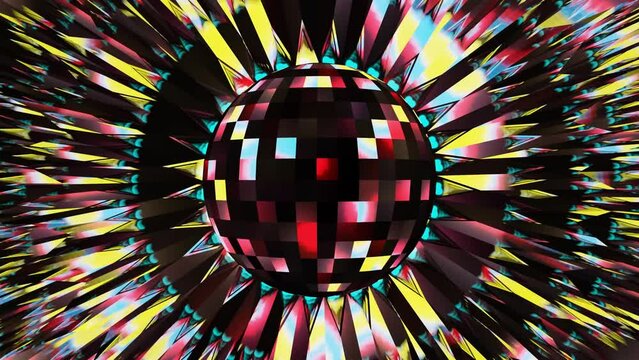 Psychedelic abstract bright disco ball spinning seamless with glowing multicolored stripes. Seamless loop background. Dance party. 3d render for music performance. Seamless VJ loop animation