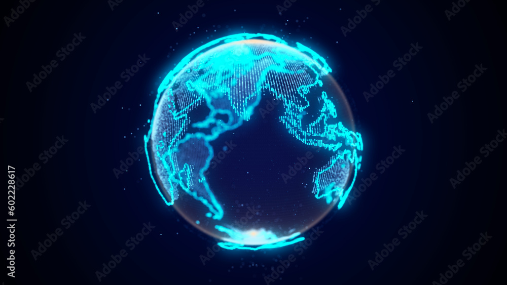 Poster digital planet earth with particles in cyberspace. the flow of scientific data in the global network