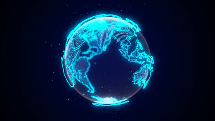 Digital planet earth with particles in cyberspace. The flow of scientific data in the global network. Science and technology futuristic background. Metaverse concept. 3D rendering.