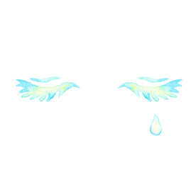 イラスト素材：幻想的な色合いの手描きの水彩画　両目まぶたを閉じた状態で涙が流れる様子
