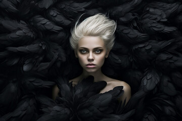 Surreal portrait of a white haired young woman surrounded by black ravens