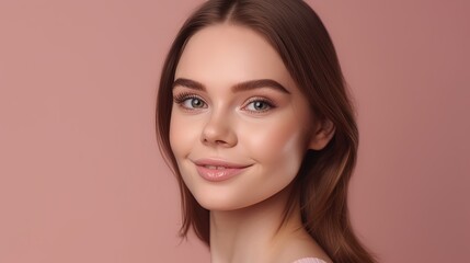 Fototapeta premium Portrait of beautiful young woman with clean fresh skin on pink background.Generative Ai