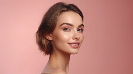 Fototapeta premium Portrait of beautiful young woman with clean fresh skin on pink background.Generative Ai
