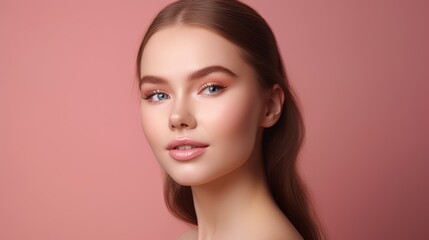 Fototapeta premium Portrait of beautiful young woman with clean fresh skin on pink background.Generative Ai