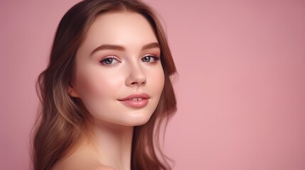 Fototapeta premium Portrait of beautiful young woman with clean fresh skin on pink background.Generative Ai