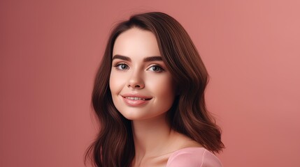 Fototapeta premium Portrait of beautiful young woman with clean fresh skin on pink background.Generative Ai