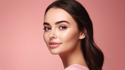 Fototapeta premium Portrait of beautiful young woman with clean fresh skin on pink background.Generative Ai