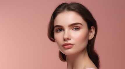 Fototapeta premium Portrait of beautiful young woman with clean fresh skin on pink background.Generative Ai
