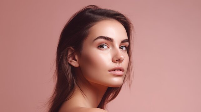 Portrait of beautiful young woman with clean fresh skin on pink background.Generative Ai