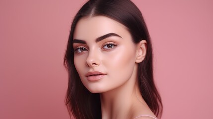 Fototapeta premium Portrait of beautiful young woman with clean fresh skin on pink background.Generative Ai