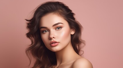 Fototapeta premium Portrait of beautiful young woman with clean fresh skin on pink background.Generative Ai