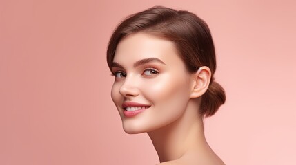 Portrait of beautiful young woman with clean fresh skin on pink background.Generative Ai