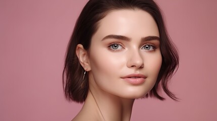 Fototapeta premium Portrait of beautiful young woman with clean fresh skin on pink background.Generative Ai