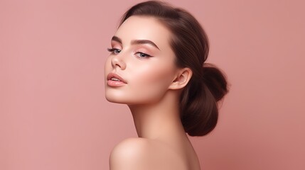 Fototapeta premium Portrait of beautiful young woman with clean fresh skin on pink background.Generative Ai