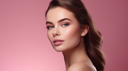 Fototapeta premium Portrait of beautiful young woman with clean fresh skin on pink background.Generative Ai
