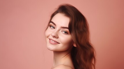 Fototapeta premium Portrait of beautiful young woman with clean fresh skin on pink background.Generative Ai