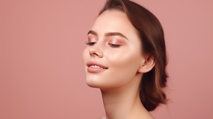 Naklejka premium Portrait of beautiful young woman with clean fresh skin on pink background.Generative Ai