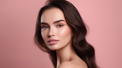 Fototapeta premium Portrait of beautiful young woman with clean fresh skin on pink background.Generative Ai