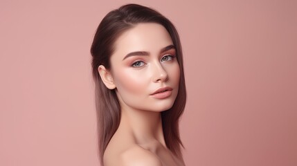 Naklejka premium Portrait of beautiful young woman with clean fresh skin on pink background.Generative Ai