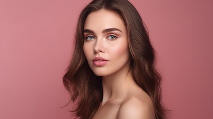 Fototapeta premium Portrait of beautiful young woman with clean fresh skin on pink background.Generative Ai