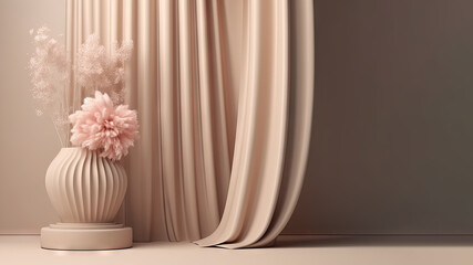 Podium beige and curtain. Pink flower in stone vase. Nature Blossom minimal pedestal for beauty, cosmetic product presentation. concept Summer and spring with copy space (AI Generated)