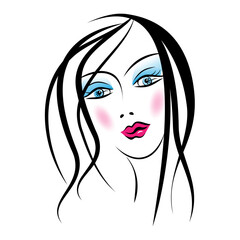 Face of a beautiful yuong woman with blue eyes and pink lips. Vector illustration.