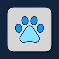 Filled outline Paw print icon isolated on blue background. Dog or cat paw print. Animal track. Vector