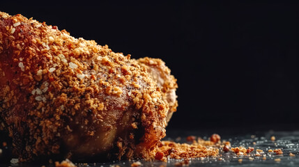 Closeup of spices fried chicken leg isolated on black background. Space for text. Delicious food. Generative AI