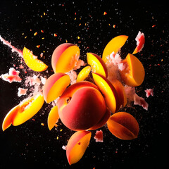 Peaches in the air. Creative illustration of the collision of peaches. Generative AI - 602231086