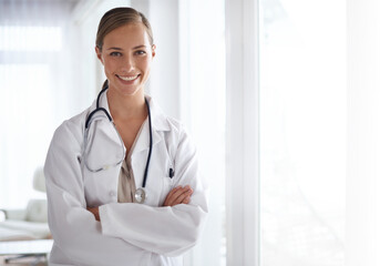 Portrait of happy woman, arms crossed and doctor in hospital for healthcare, wellness and clinic...