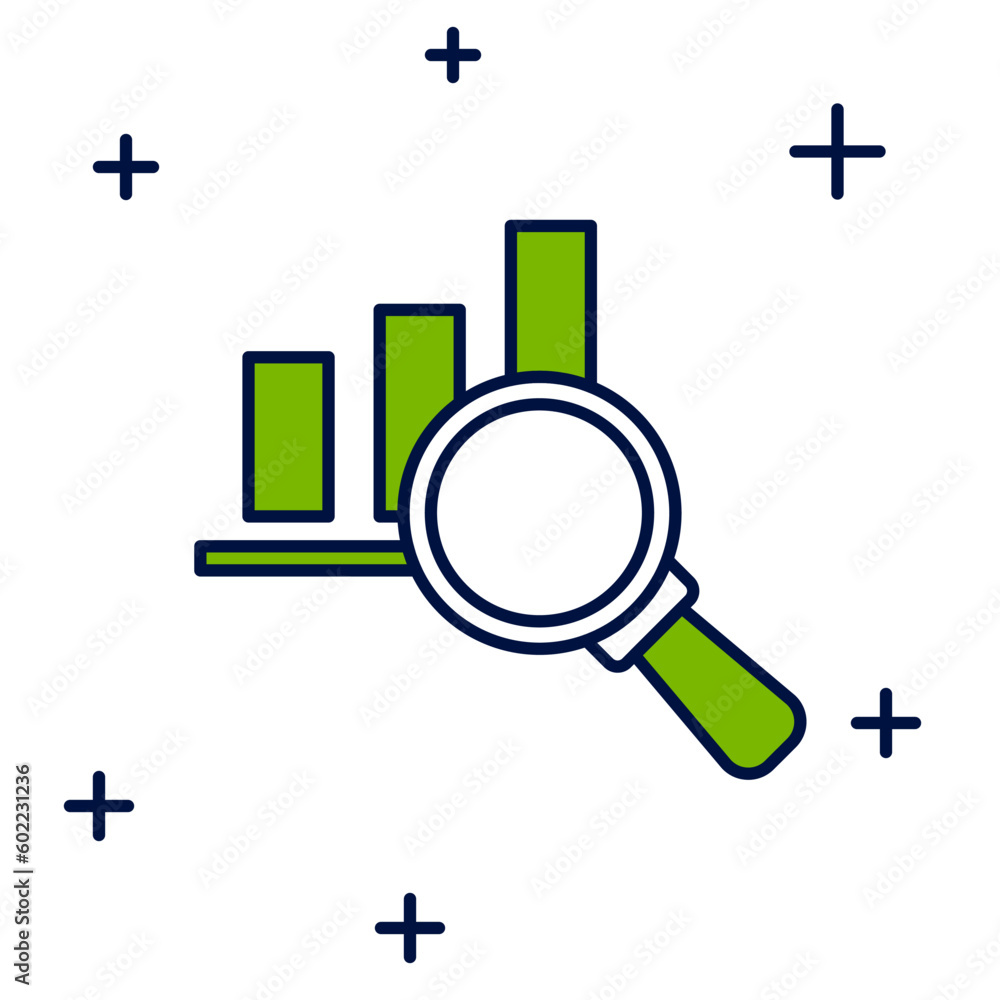 Poster filled outline magnifying glass and data analysis icon isolated on white background. vector