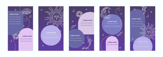 Social media templates. Mystical and astrological symbols. Set of magical templates for stories, flyers, posters, cards, brochures. Vector illustration.	