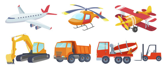 Vector hand-drawn color children's set with illustration, poster, print with a cute trucks and lettering in Scandinavian style on a white background. Building equipment.