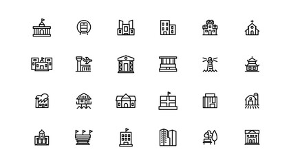 Set of building icons, such as city, apartment, condominium, town. Outline icons collection.