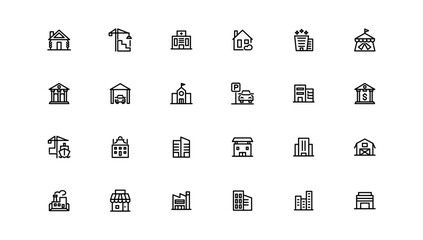 Set of building icons, such as city, apartment, condominium, town. Outline icons collection.