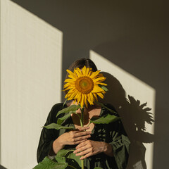 Young woman hold yellow sunflower stem. Aesthetic sunlight shadows. Floral beauty fashion concept