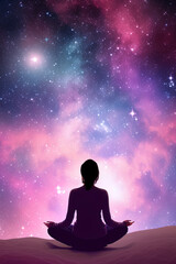 Fototapeta na wymiar a woman meditating under a galaxy sky