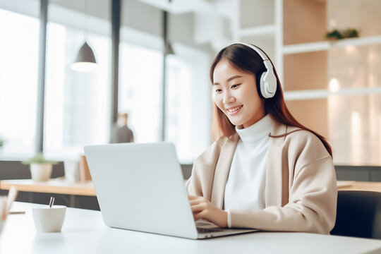 A tech savvy Asian woman in a sleek and modern office setting, using her laptop and headphones to stay productive while enjoying her favorite tunes. generative AI.